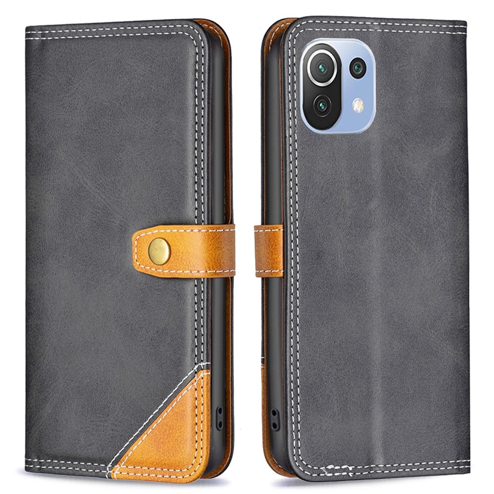 BINFEN COLOR for Xiaomi 11 Lite 5G NE/Mi 11 Lite 4G/5G BF Leather Series-8 Shockproof Card Slots Splicing Lines Cover 12 Style Stand Function Leather Phone Case - Black-1