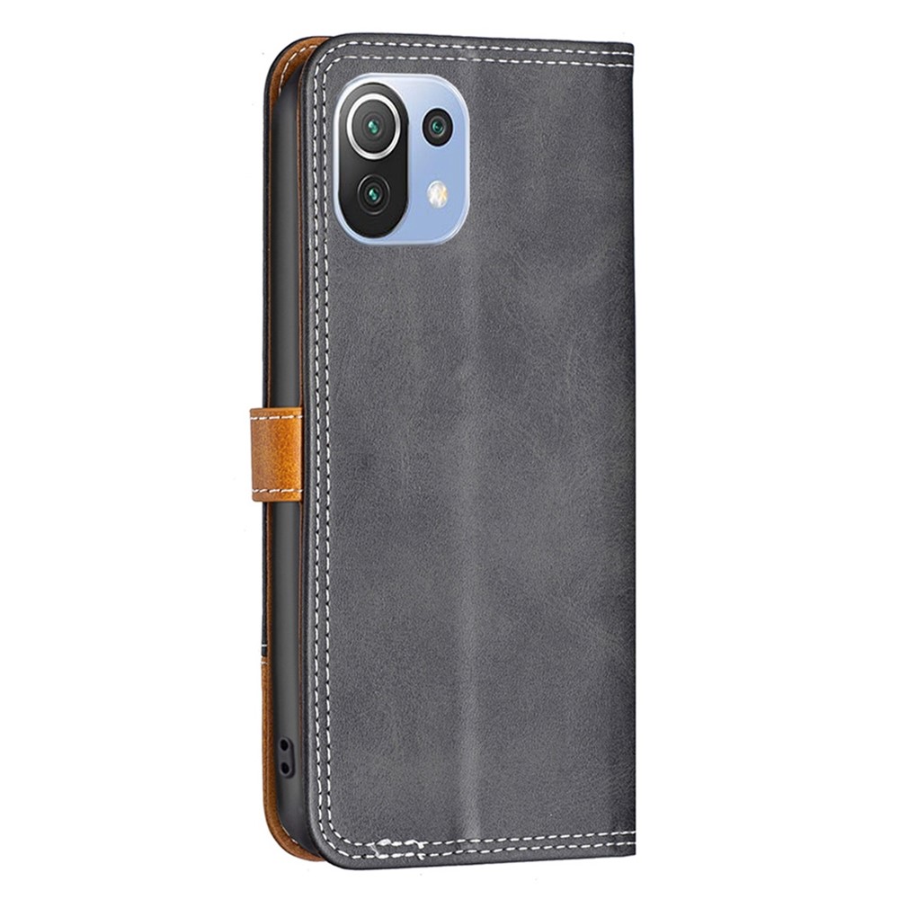 BINFEN COLOR for Xiaomi 11 Lite 5G NE/Mi 11 Lite 4G/5G BF Leather Series-8 Shockproof Card Slots Splicing Lines Cover 12 Style Stand Function Leather Phone Case - Black-7
