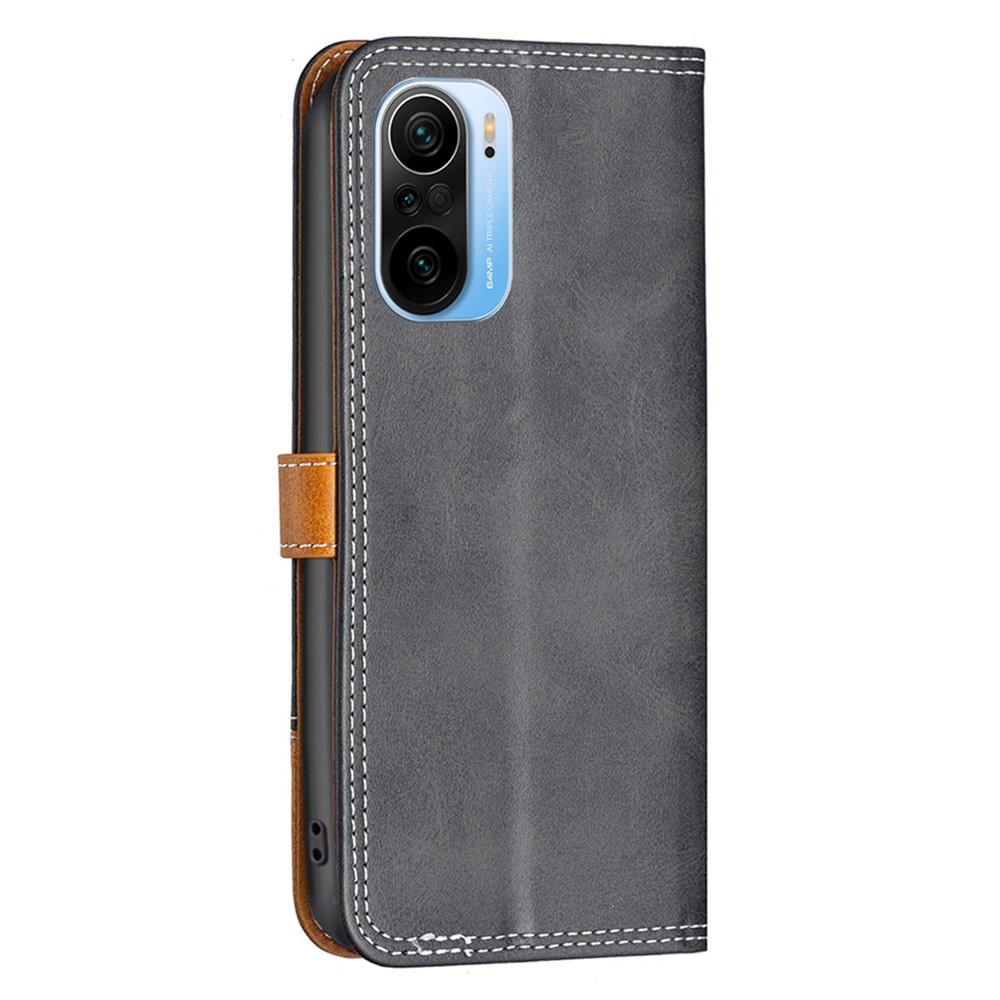 BINFEN COLOR for Xiaomi Mi 11i/Poco F3/Redmi K40/Redmi K40 Pro BF Leather Series-8 Card Slots 12 Style Cover Splicing Lines Magnetic Anti-drop Leather Phone Shell with Stand - Black-7