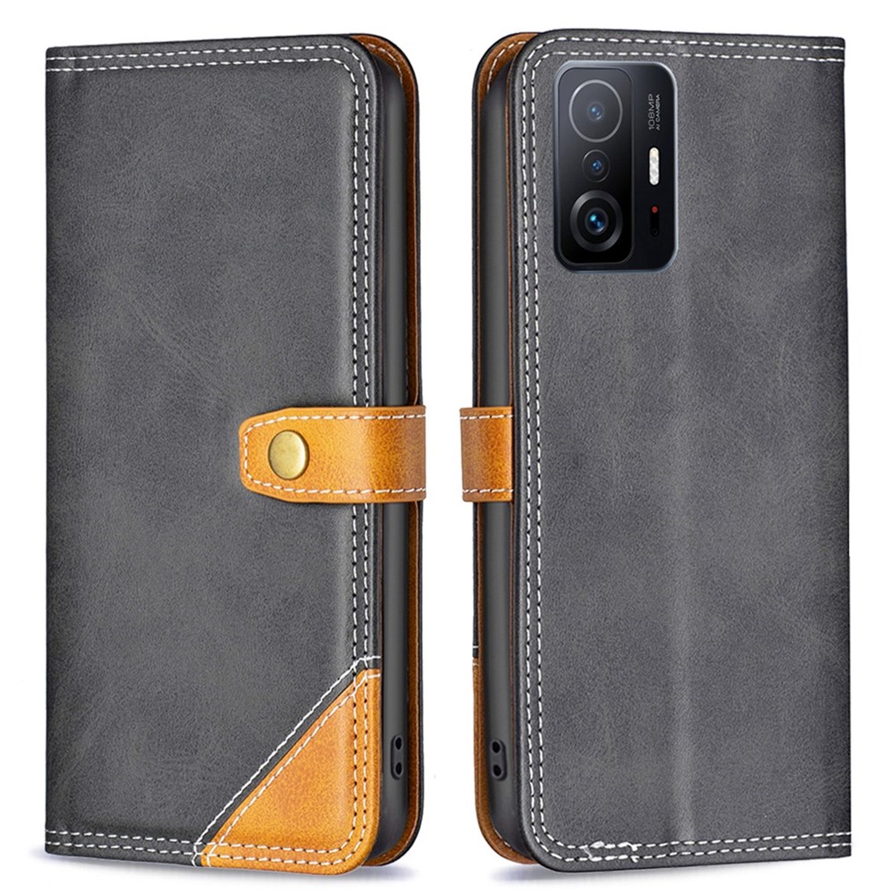 BINFEN COLOR for Xiaomi 11T/11T Pro BF Leather Series-8 Magnetic Folio Flip 12 Style Card Slots Cover Splicing Lines Leather Phone Case with Stand - Black-1