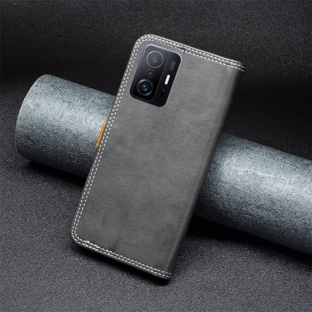 BINFEN COLOR for Xiaomi 11T/11T Pro BF Leather Series-8 Magnetic Folio Flip 12 Style Card Slots Cover Splicing Lines Leather Phone Case with Stand - Black-5