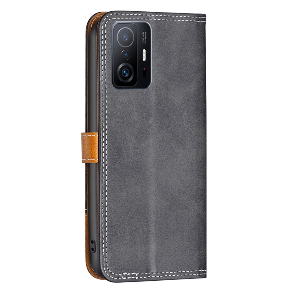 BINFEN COLOR for Xiaomi 11T/11T Pro BF Leather Series-8 Magnetic Folio Flip 12 Style Card Slots Cover Splicing Lines Leather Phone Case with Stand - Black-7