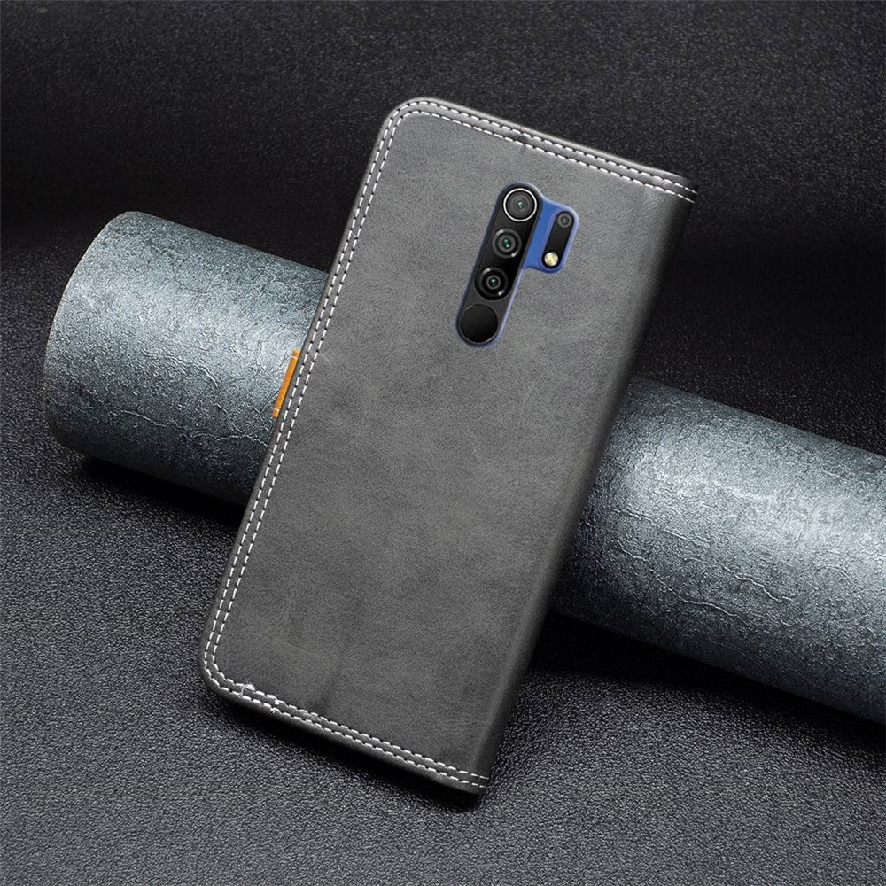 BINFEN COLOR for Xiaomi Redmi 9 BF Leather Series-8 Magnetic Closure 12 Style Card Slots Cover Splicing Lines Leather Protective Phone Case with Stand - Black-5