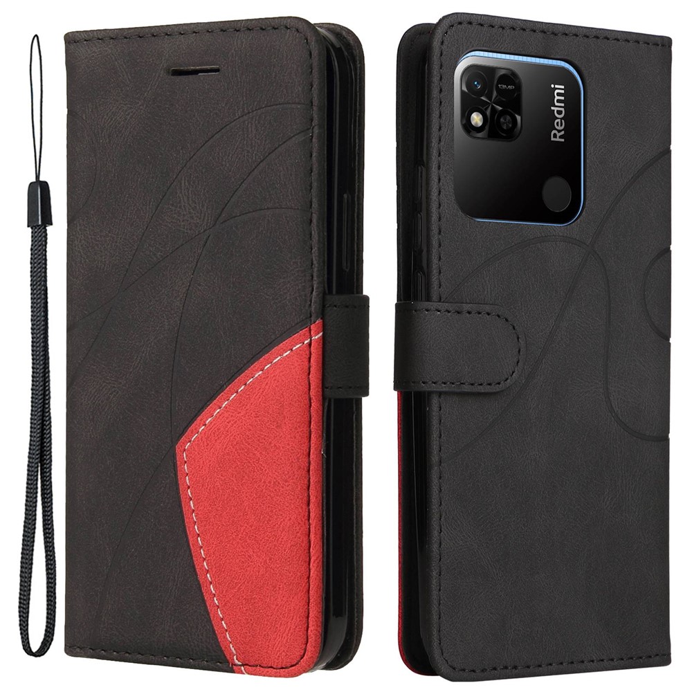 KT Leather Series-1 Dual-color Splicing Cell Phone Case for Xiaomi Redmi 10A, PU Leather Wallet Stand Shell with Strap - Black-1