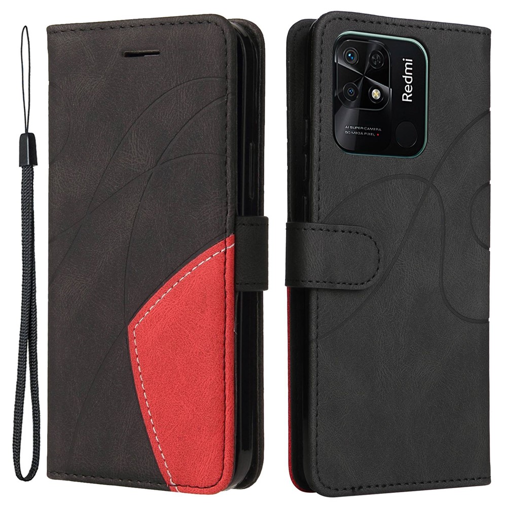 For Xiaomi Redmi 10C KT Leather Series-1 Dual-color Splicing PU Leather Wallet Phone Case Stand Shell with Strap - Black-1