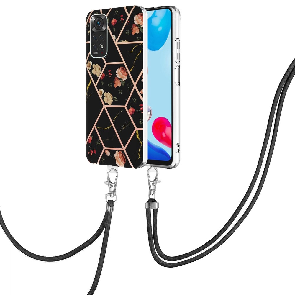YB IMD Series-4 for Xiaomi Redmi Note 11 4G (Qualcomm)/Note 11S 4G IMD IML TPU Cover Marble Flower Pattern Electroplating Phone Case with Lanyard - Black Flowers-1