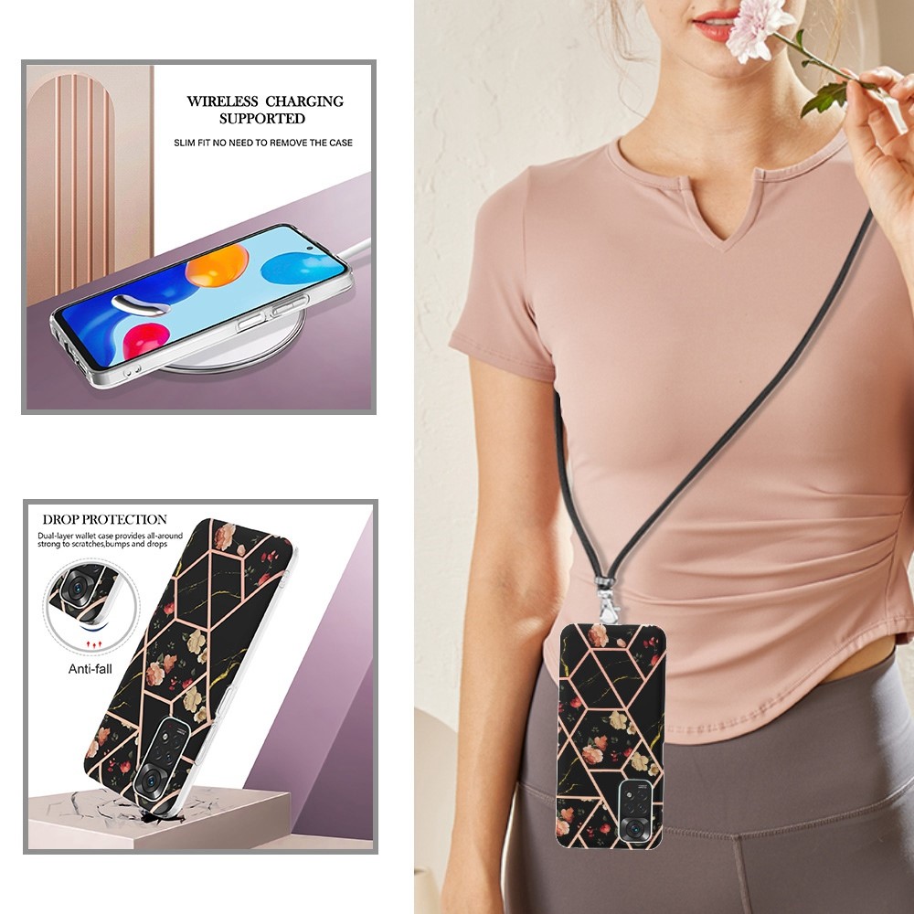 YB IMD Series-4 for Xiaomi Redmi Note 11 4G (Qualcomm)/Note 11S 4G IMD IML TPU Cover Marble Flower Pattern Electroplating Phone Case with Lanyard - Black Flowers-4