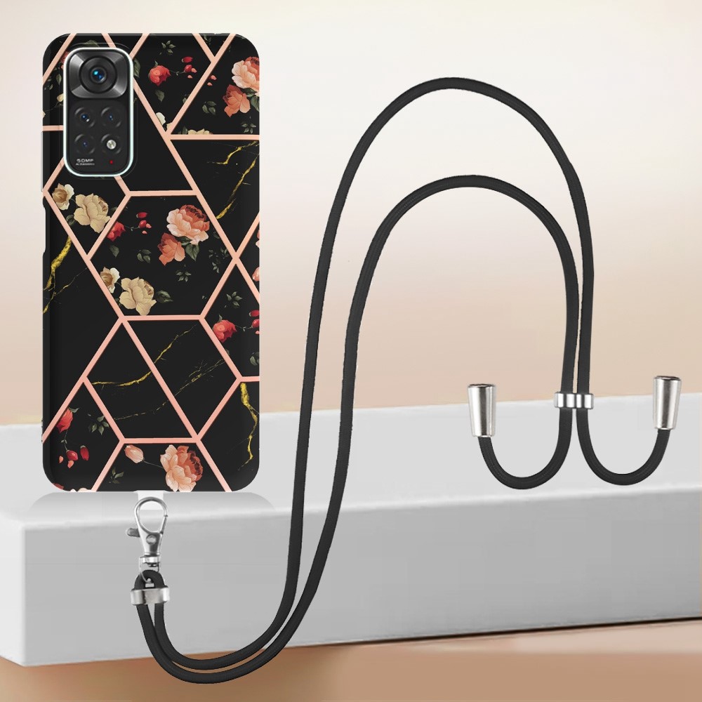 YB IMD Series-4 for Xiaomi Redmi Note 11 4G (Qualcomm)/Note 11S 4G IMD IML TPU Cover Marble Flower Pattern Electroplating Phone Case with Lanyard - Black Flowers-5
