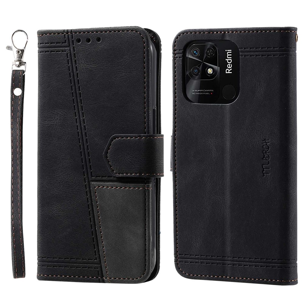 TTUDRCH Style 004 Splicing Leather Phone Case for Xiaomi Redmi 10C, Stand Wallet RFID Blocking Cell Phone Cover - Black-1