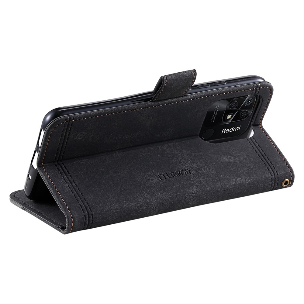 TTUDRCH Style 004 Splicing Leather Phone Case for Xiaomi Redmi 10C, Stand Wallet RFID Blocking Cell Phone Cover - Black-3