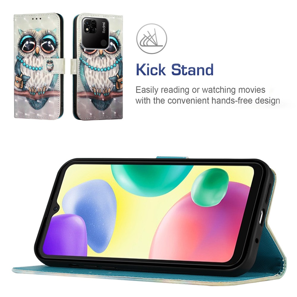 For Xiaomi Redmi 10A YB Pattern Printing Leather Series-2 Anti-fall 3D Pattern PU Leather Case Wallet Stand Wear-resistant Shell with Strap - Grey Owl-5