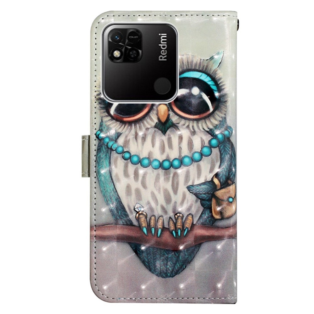 For Xiaomi Redmi 10A YB Pattern Printing Leather Series-2 Anti-fall 3D Pattern PU Leather Case Wallet Stand Wear-resistant Shell with Strap - Grey Owl-9