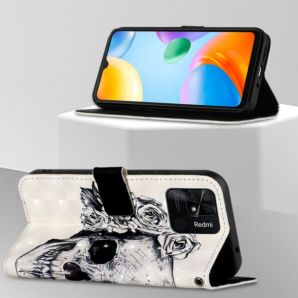 For Xiaomi Redmi 10C 4G/Redmi 10 (India) YB Pattern Printing Leather Series-2 Anti-scratch Drop-proof 3D Pattern Stand PU Leather Case Shell with Wallet - Skull-2