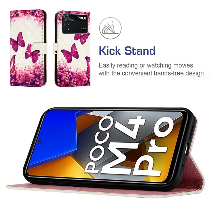 For Xiaomi Poco M4 Pro 4G YB Pattern Printing Leather Series-2 Wear-resistant 3D Pattern Stand PU Leather Case Protective Shell with Wallet - Rose Butterflies-5