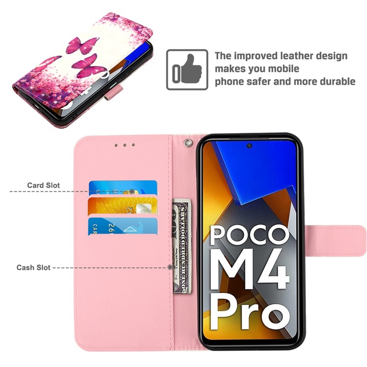 For Xiaomi Poco M4 Pro 4G YB Pattern Printing Leather Series-2 Wear-resistant 3D Pattern Stand PU Leather Case Protective Shell with Wallet - Rose Butterflies-6