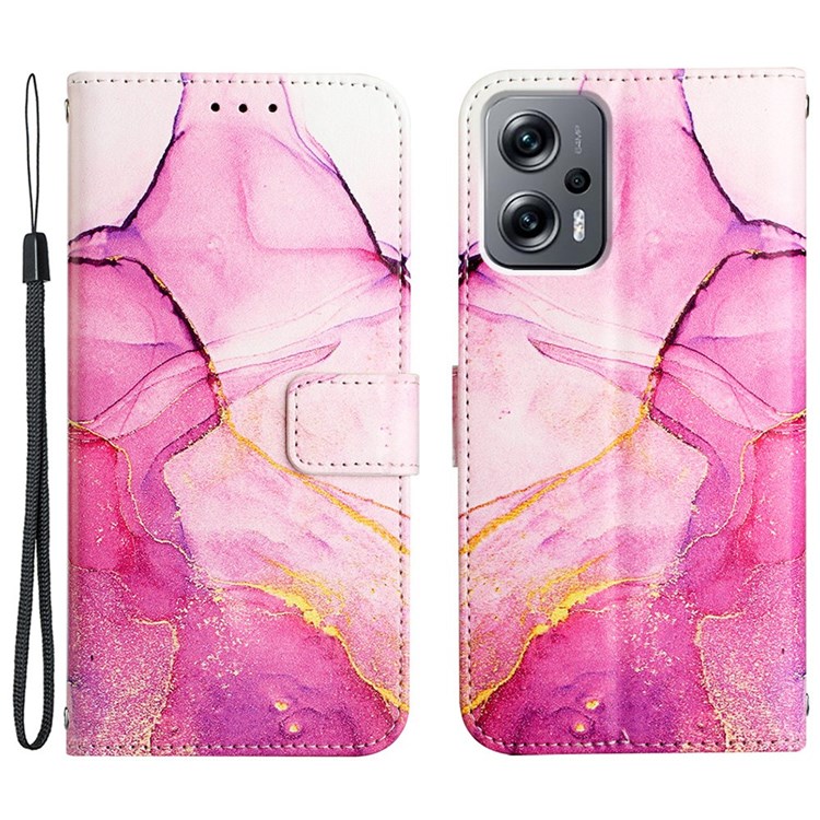 YB Pattern Printing Leather Series-5 for Xiaomi Redmi Note 11T Pro 5G/Note 11T Pro+ 5G Marble Pattern Stand Wallet PU Leather Phone Case with Strap - Pink/Purple/Gold 001-1