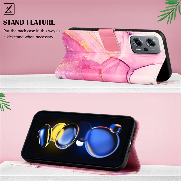 YB Pattern Printing Leather Series-5 for Xiaomi Redmi Note 11T Pro 5G/Note 11T Pro+ 5G Marble Pattern Stand Wallet PU Leather Phone Case with Strap - Pink/Purple/Gold 001-2