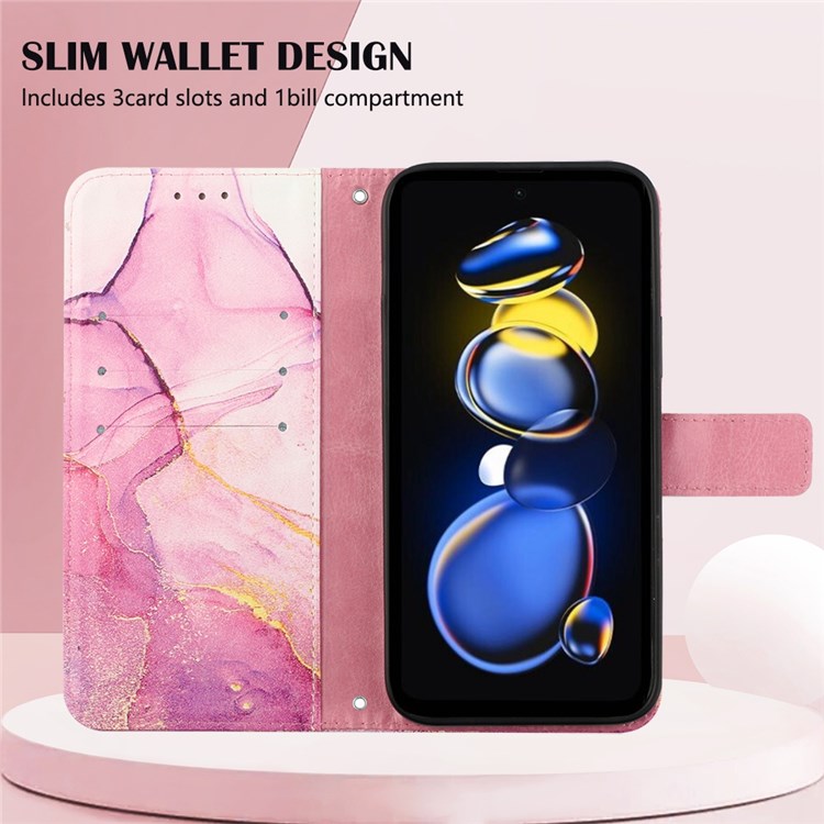 YB Pattern Printing Leather Series-5 for Xiaomi Redmi Note 11T Pro 5G/Note 11T Pro+ 5G Marble Pattern Stand Wallet PU Leather Phone Case with Strap - Pink/Purple/Gold 001-3