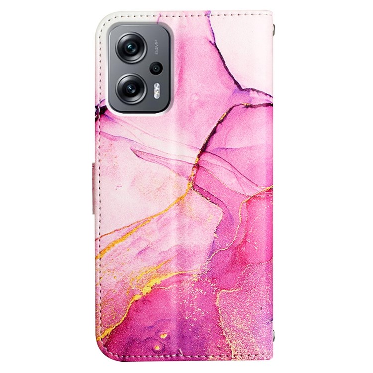 YB Pattern Printing Leather Series-5 for Xiaomi Redmi Note 11T Pro 5G/Note 11T Pro+ 5G Marble Pattern Stand Wallet PU Leather Phone Case with Strap - Pink/Purple/Gold 001-7
