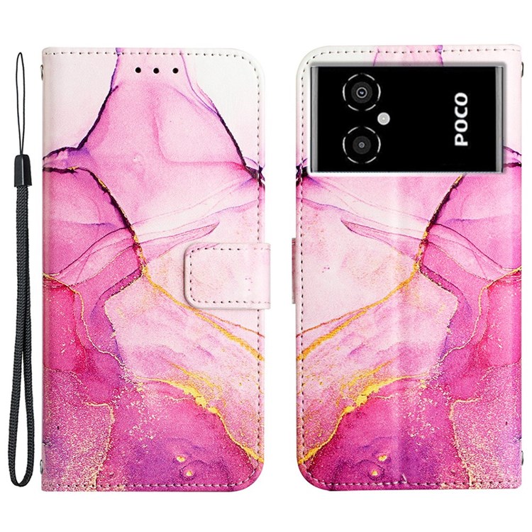 YB Pattern Printing Leather Series-5 for Xiaomi Poco M4 5G Foldable Stand Phone Case PU Leather Marble Pattern Wallet Flip Cover with Strap - Pink/Purple/Gold 001-1