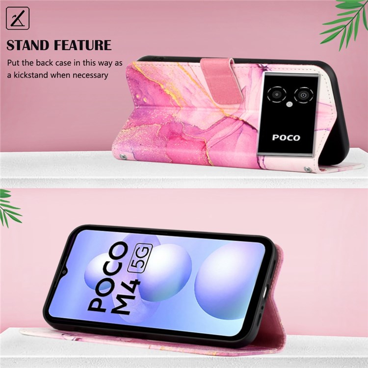 YB Pattern Printing Leather Series-5 for Xiaomi Poco M4 5G Foldable Stand Phone Case PU Leather Marble Pattern Wallet Flip Cover with Strap - Pink/Purple/Gold 001-2