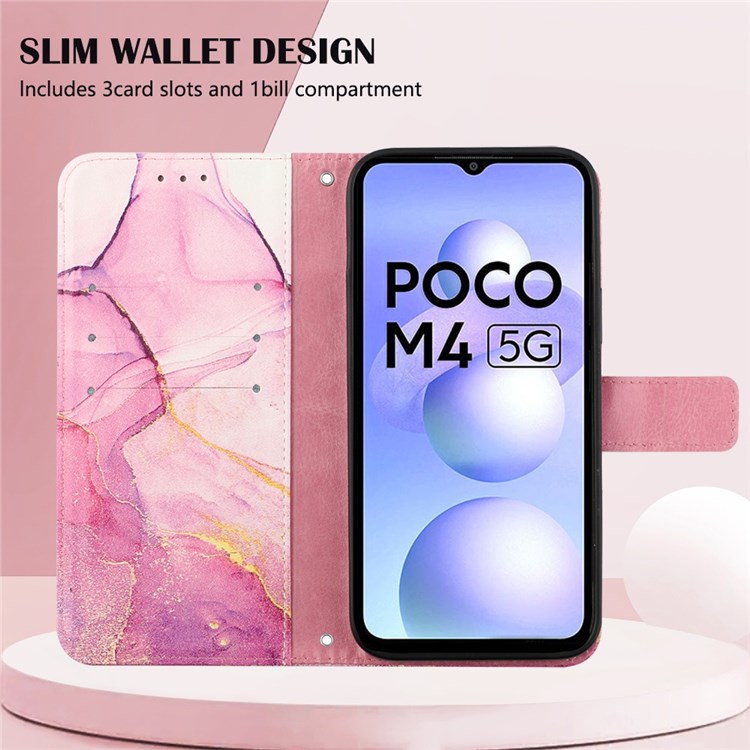 YB Pattern Printing Leather Series-5 for Xiaomi Poco M4 5G Foldable Stand Phone Case PU Leather Marble Pattern Wallet Flip Cover with Strap - Pink/Purple/Gold 001-3
