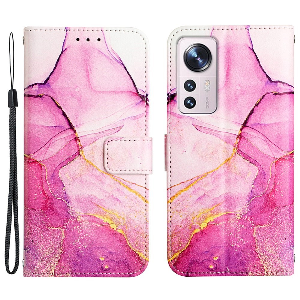 YB Pattern Printing Leather Series-5 for Xiaomi 12 Lite 5G Marble Pattern Magnetic Clasp PU Leather Phone Stand Wallet Case with Strap - Pink/Purple/Gold 001-1