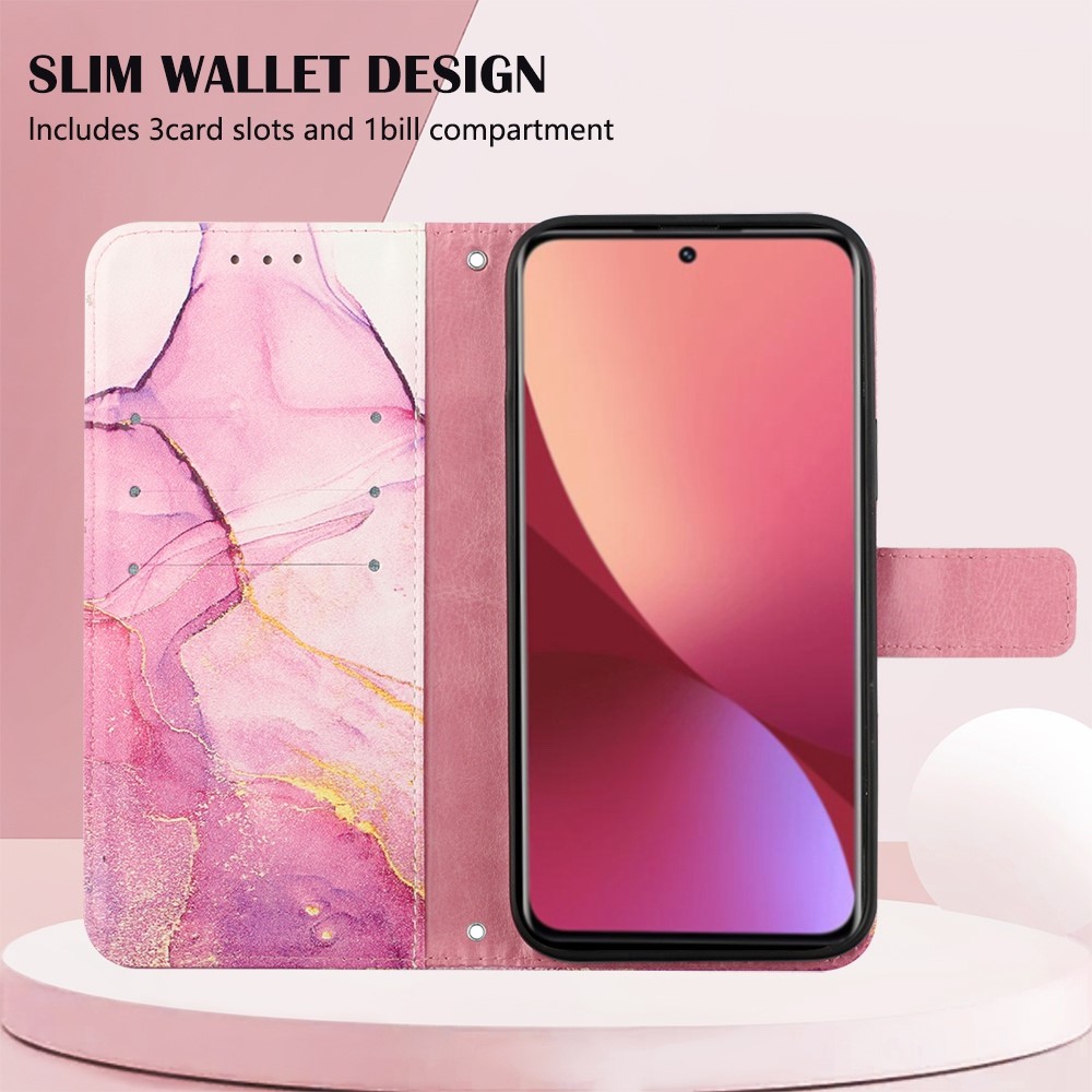 YB Pattern Printing Leather Series-5 for Xiaomi 12 Lite 5G Marble Pattern Magnetic Clasp PU Leather Phone Stand Wallet Case with Strap - Pink/Purple/Gold 001-3