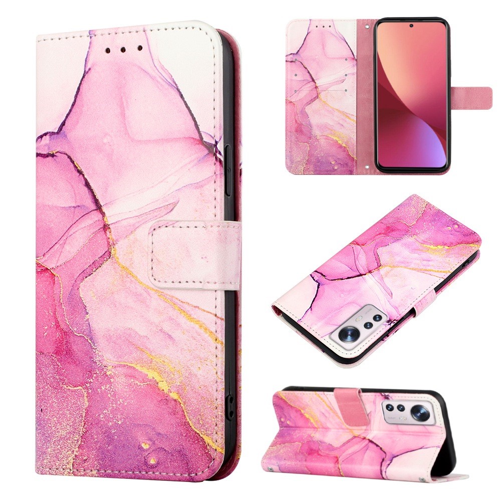 YB Pattern Printing Leather Series-5 for Xiaomi 12 Lite 5G Marble Pattern Magnetic Clasp PU Leather Phone Stand Wallet Case with Strap - Pink/Purple/Gold 001-5