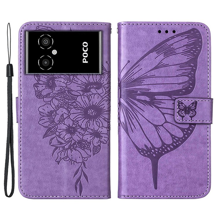 YB Imprinting Flower Series-4 for Xiaomi Poco M4 5G Butterfly Flower Wallet Case PU Leather Magnetic Closure Handbag Stand Flip Cover with Strap - Light Purple-1