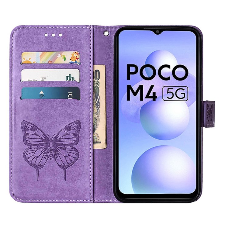 YB Imprinting Flower Series-4 for Xiaomi Poco M4 5G Butterfly Flower Wallet Case PU Leather Magnetic Closure Handbag Stand Flip Cover with Strap - Light Purple-3