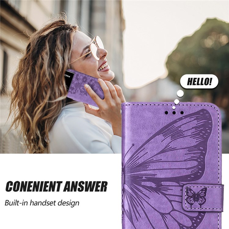 YB Imprinting Flower Series-4 for Xiaomi Poco M4 5G Butterfly Flower Wallet Case PU Leather Magnetic Closure Handbag Stand Flip Cover with Strap - Light Purple-6