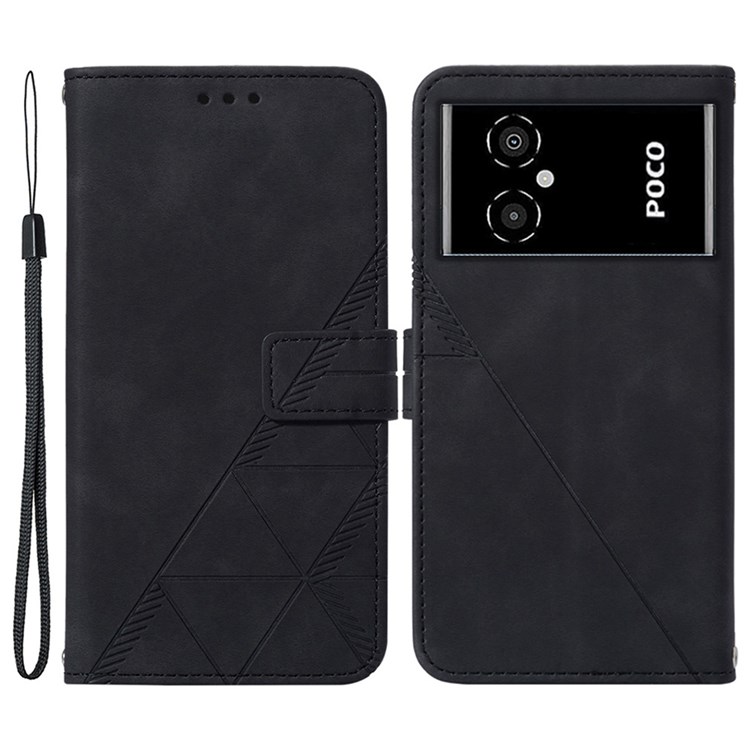 Anti-fall Phone Flip Case for Xiaomi Poco M4 5G YB Imprinting Series-1 Lines Imprinted PU Leather Wallet Cover Stand with Card Holder Wear-resistant Phone Case with Strap - Black-1