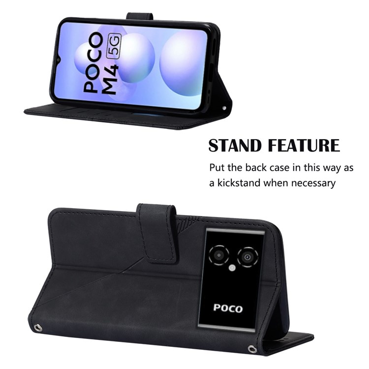 Anti-fall Phone Flip Case for Xiaomi Poco M4 5G YB Imprinting Series-1 Lines Imprinted PU Leather Wallet Cover Stand with Card Holder Wear-resistant Phone Case with Strap - Black-2