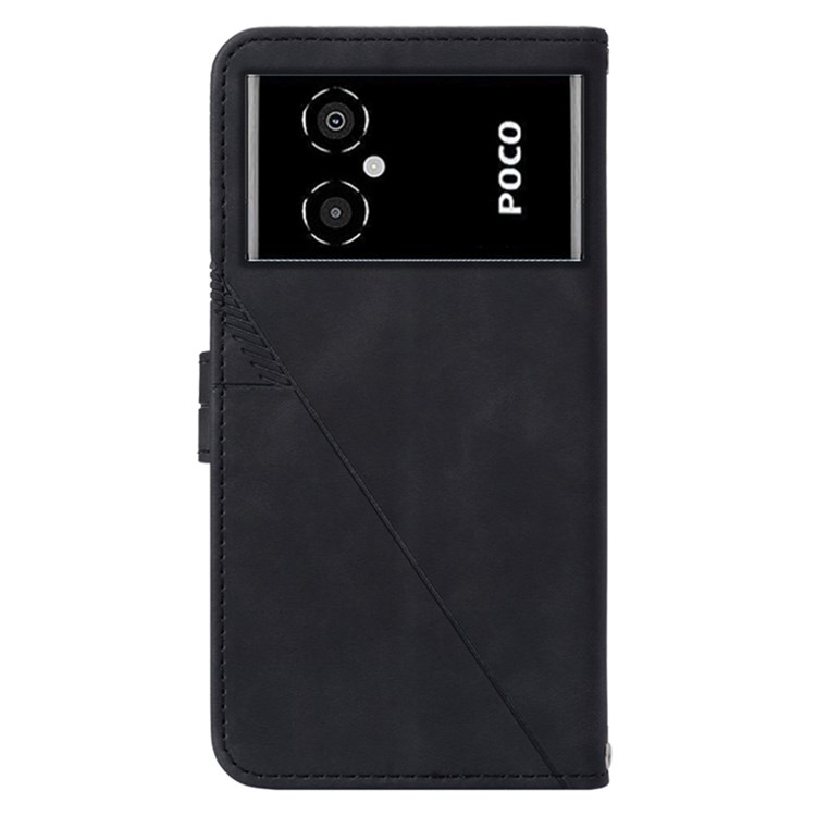 Anti-fall Phone Flip Case for Xiaomi Poco M4 5G YB Imprinting Series-1 Lines Imprinted PU Leather Wallet Cover Stand with Card Holder Wear-resistant Phone Case with Strap - Black-9