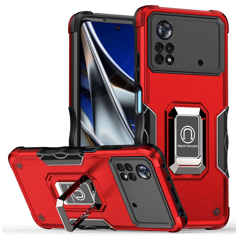 For Xiaomi Poco X4 Pro 5G Built-in Kickstand Hard PC Soft TPU Hybrid Case Anti-drop Wear-resistant Phone Cover - Red-1