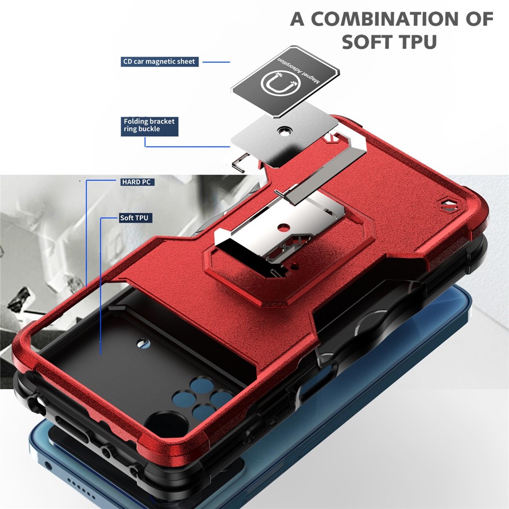 For Xiaomi Poco X4 Pro 5G Built-in Kickstand Hard PC Soft TPU Hybrid Case Anti-drop Wear-resistant Phone Cover - Red-2