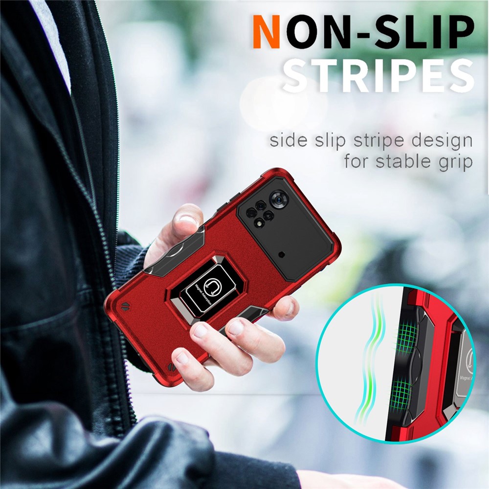 For Xiaomi Poco X4 Pro 5G Built-in Kickstand Hard PC Soft TPU Hybrid Case Anti-drop Wear-resistant Phone Cover - Red-5