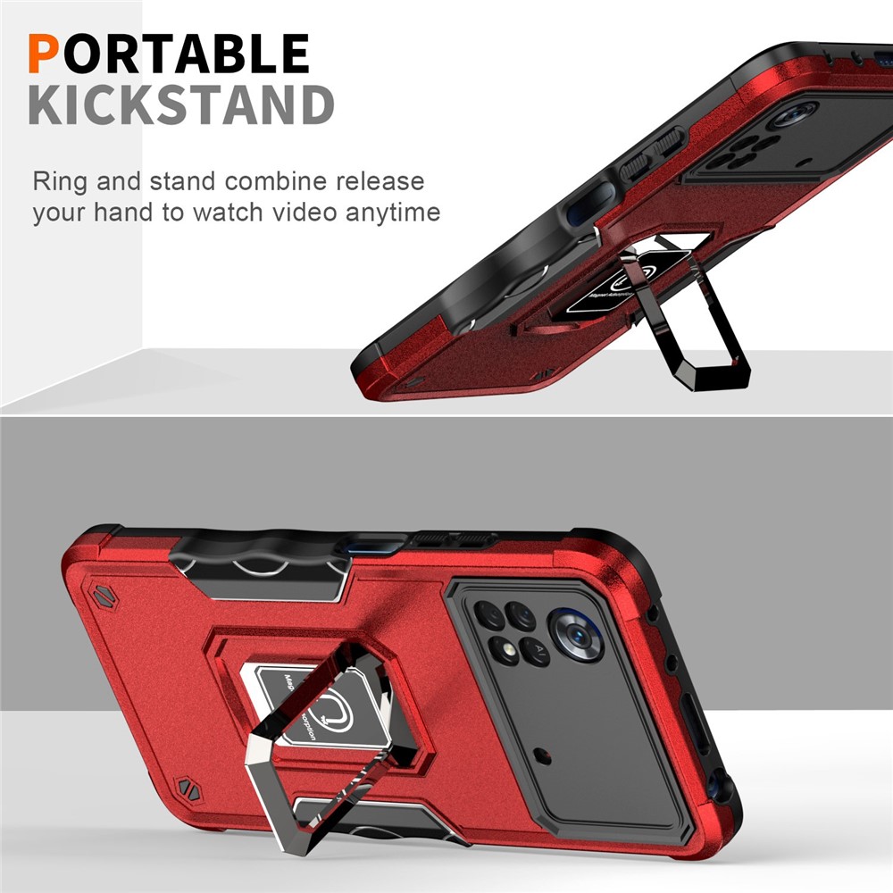 For Xiaomi Poco X4 Pro 5G Built-in Kickstand Hard PC Soft TPU Hybrid Case Anti-drop Wear-resistant Phone Cover - Red-6