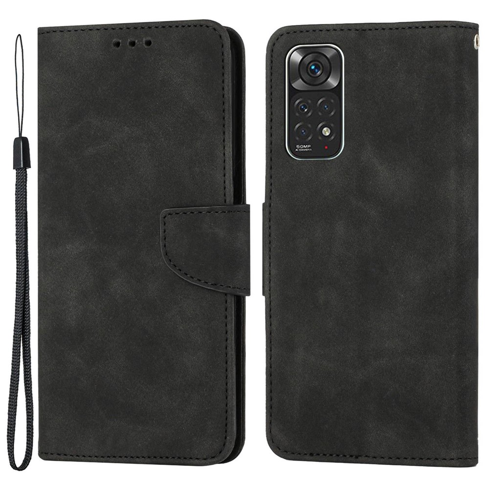 For Xiaomi Redmi Note 11 4G (Qualcomm)/Redmi Note 11S 4G Solid Color PU Leather Handbag Magnetic Closure Stand Wallet Phone Case with Wrist Strap - Black-1