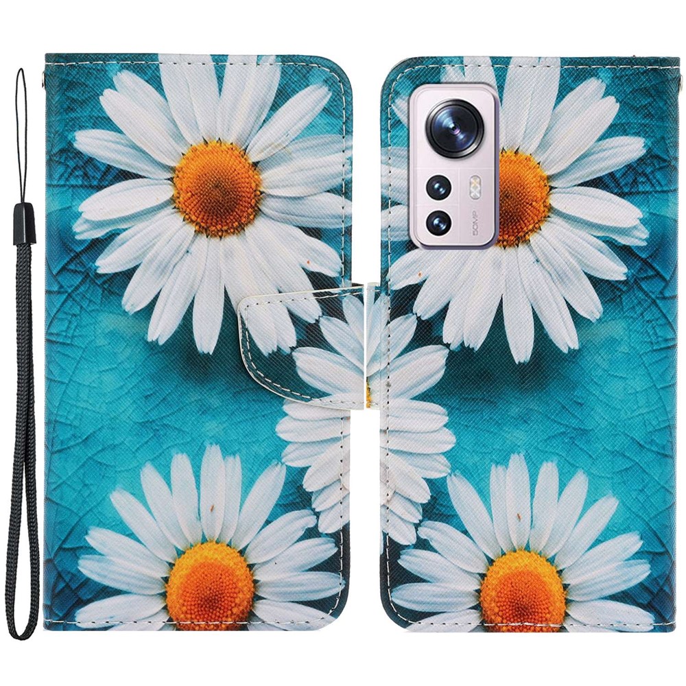 Pattern Printing PU Leather Phone Cover for Xiaomi 12 Lite 5G, Wallet Stand Cross Texture Case with Strap - Chrysanthemum-1