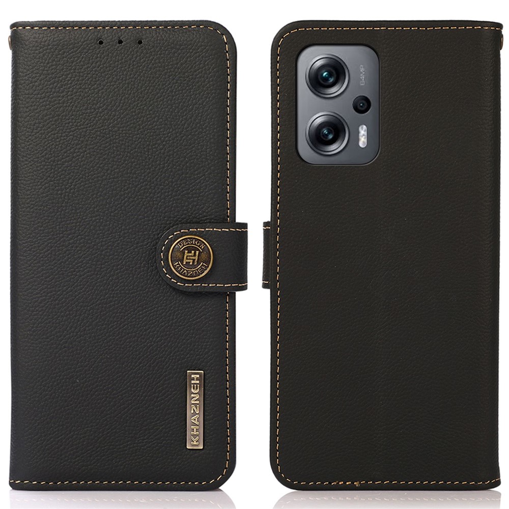 KHAZNEH For Xiaomi Redmi Note 11T Pro 5G Magnetic Genuine Leather Protective Wallet Anti-scratch Flip Phone Case RFID Blocking Shockproof TPU Stand Cover - Black-1