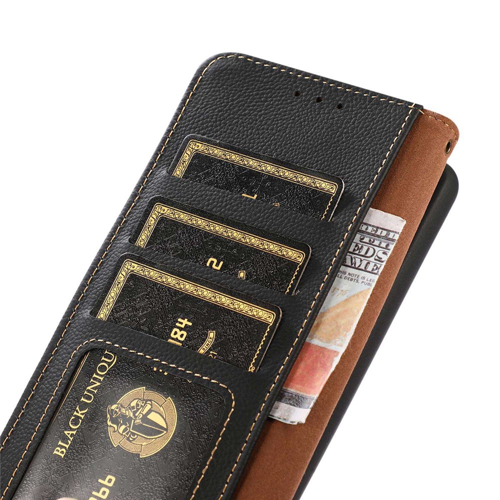 KHAZNEH For Xiaomi Redmi Note 11T Pro 5G Magnetic Genuine Leather Protective Wallet Anti-scratch Flip Phone Case RFID Blocking Shockproof TPU Stand Cover - Black-5