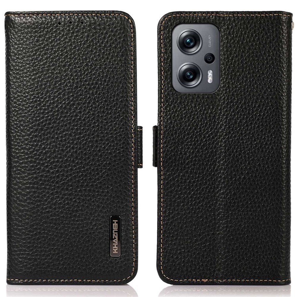 KHAZNEH For Xiaomi Redmi Note 11T Pro 5G Shockproof Litchi Texture Wallet Case Genuine Leather RFID Blocking Magnetic Viewing Stand Protective Cover - Black-1
