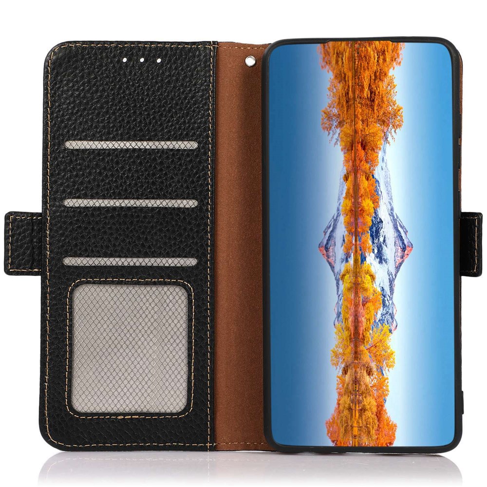 KHAZNEH For Xiaomi Redmi Note 11T Pro 5G Shockproof Litchi Texture Wallet Case Genuine Leather RFID Blocking Magnetic Viewing Stand Protective Cover - Black-4