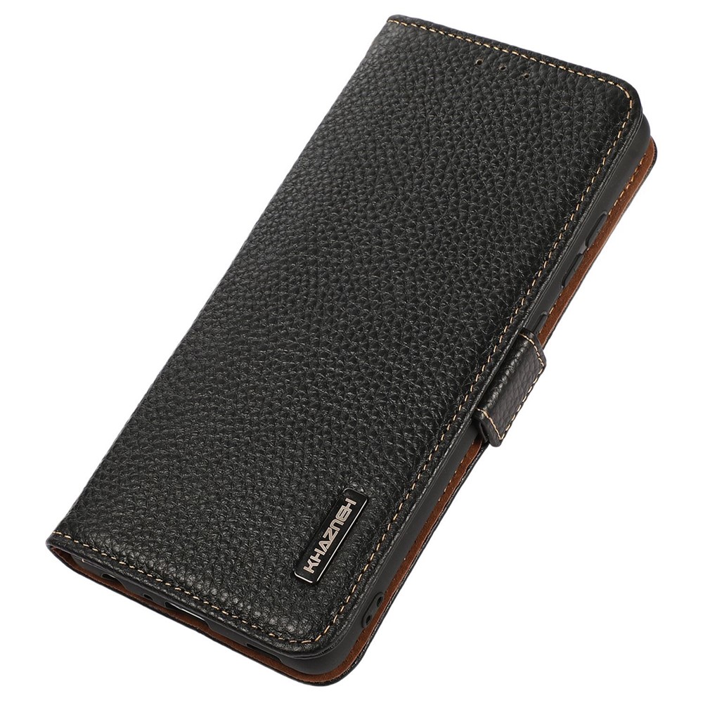 KHAZNEH For Xiaomi Redmi Note 11T Pro 5G Shockproof Litchi Texture Wallet Case Genuine Leather RFID Blocking Magnetic Viewing Stand Protective Cover - Black-6