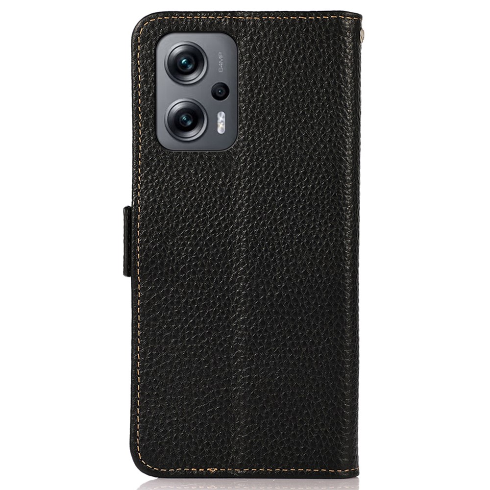 KHAZNEH For Xiaomi Redmi Note 11T Pro 5G Shockproof Litchi Texture Wallet Case Genuine Leather RFID Blocking Magnetic Viewing Stand Protective Cover - Black-8