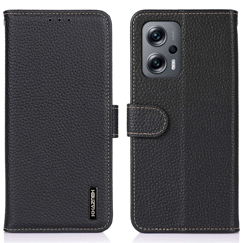 KHAZNEH Phone Case for Xiaomi Redmi Note 11T Pro 5G Shockproof Folio Flip Cover Wallet Litchi Texture Genuine Leather Stand TPU Inner Shell - Black-1