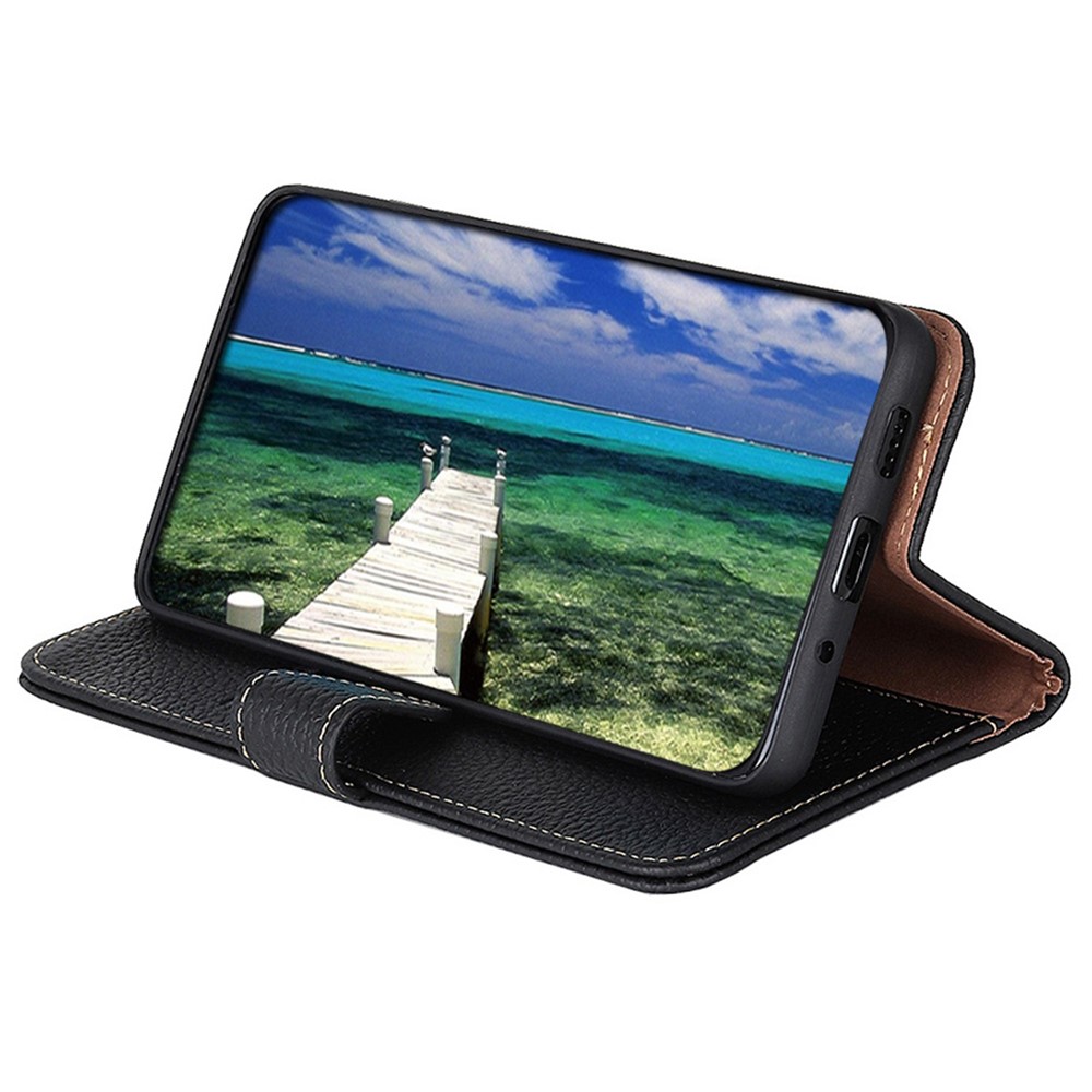 KHAZNEH Phone Case for Xiaomi Redmi Note 11T Pro 5G Shockproof Folio Flip Cover Wallet Litchi Texture Genuine Leather Stand TPU Inner Shell - Black-3