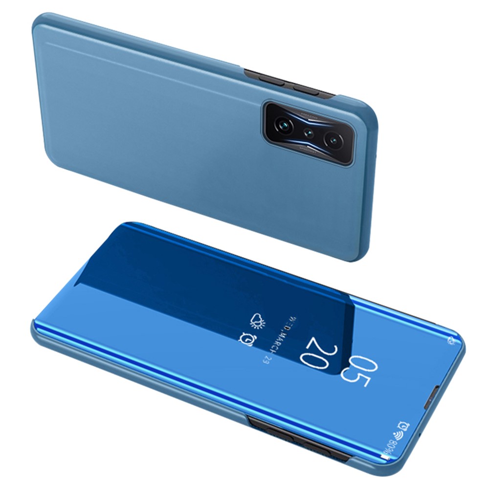 For Xiaomi Poco F4 GT 5G/Redmi K50 Gaming Stand Feature PU Leather Wear-resistant Case View Window Electroplate Mirror Phone Protector - Sky Blue-1